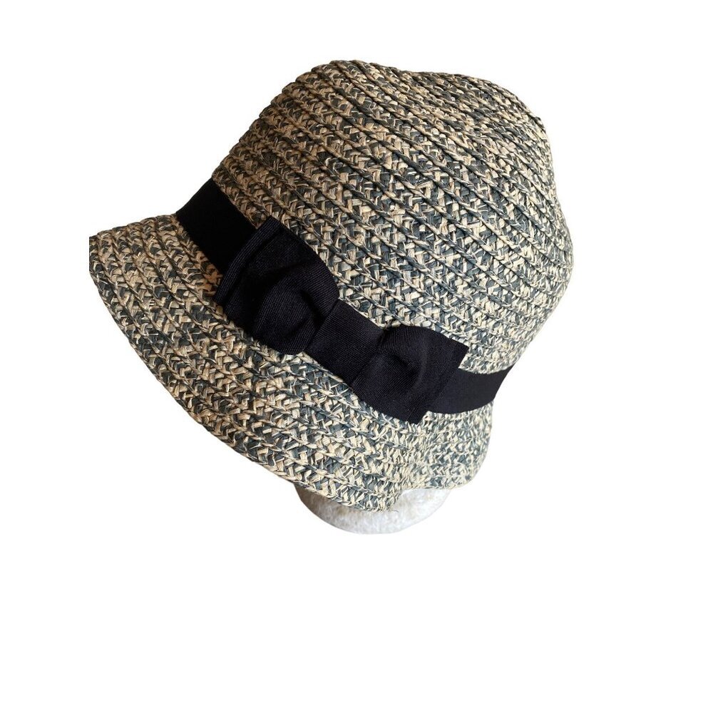 Green Cream Woven Cloche Hat One Size Black‎ Grosgrain Detail